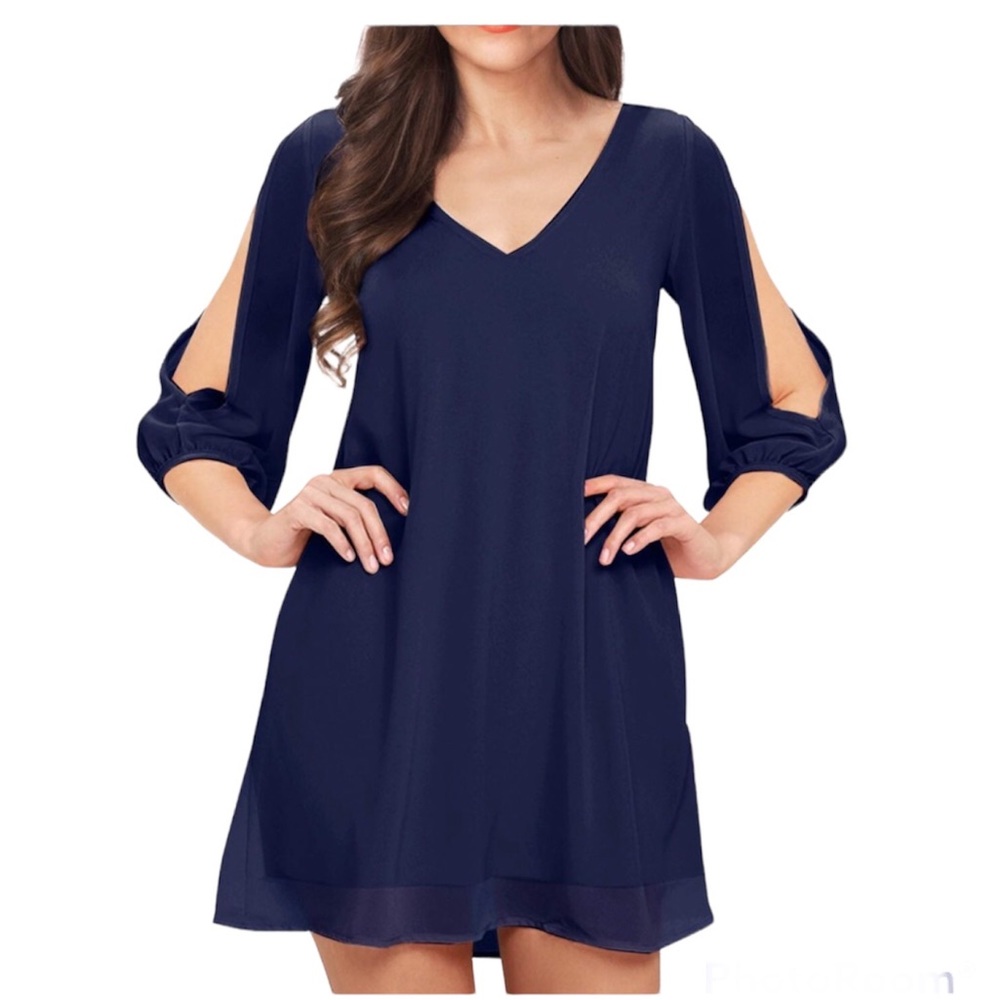 Noctflos Women’s Flowy Navy Blue Cold shoulder Casual Chiffon Mini Dress Size S